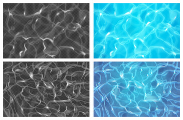 Leinwandbilder - Rippling water surface with glare, reflections and waves. Vector realistic set of texture backgrounds for swimming pool, sea and ocean. Summertime vacation and marine seascape design top view