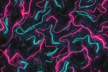 Poster - Glowing neon pattern undulating over a black background in vibrant colors and fluid shapes, glowing neon pattern moving over black background