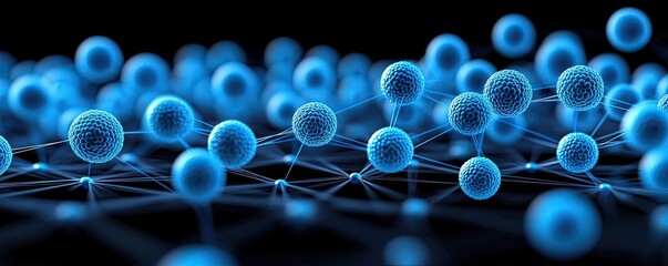 Poster - Blue exosome particles in biotechnology and medical concept. Abstract depiction of blue molecular structures and networks.