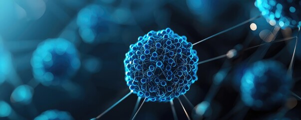 Poster - Blue exosome particles in medical and skincare concept. Close-up view of a blue molecule in a scientific environment.