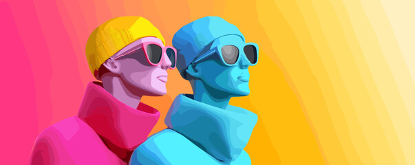 Poster - Vibrant duo in sunglasses and beanies against gradient background - vector.