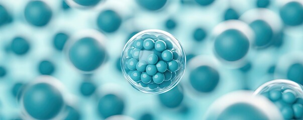 Poster - Blue exosome particles in cosmetology biotechnology concept. Abstract representation of cells in vibrant teal colors.