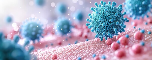 Poster - Blue exosome particles in biotechnology and medical concept. Close-up view of colorful virus cells on a cellular surface.