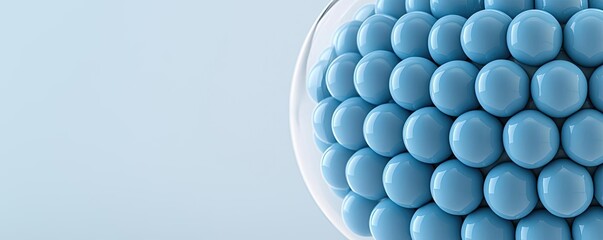 Poster - Blue exosome particles in biotechnology and medical concept. Blue spheres arranged in a modern laboratory setting.