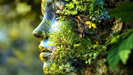 Poster - Human face merges with nature elements to depict the harmony of technology and environment, Human face with nature elements, implying technology and environment fusion