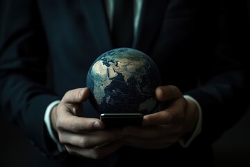 Poster - Businessman engaging with a digital globe on a smartphone for global connectivity, Businessman touching globe on smartphone Business connection concept