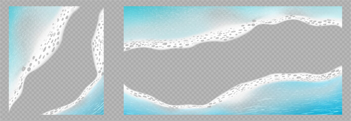 Aufkleber - Seashore or coastline with sea or ocean wave and foam. Vector in realistic style, set of flowing water, isolated on transparent background. Texture of aqua, seawater decor for marine landscape