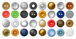 © Sensvector - Metal and plastic buttons and smooth cylindrical shaft rivets for clothes. Vector realistic mechanical fasteners, denim accessory clasps collection. Copper and steel round clinch elements