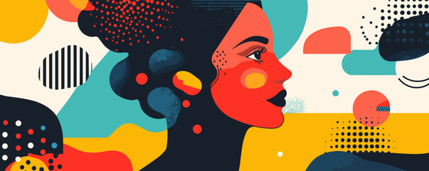 Poster - Abstract portrait of a woman with colorful geometric shapes, modern art style - vector.