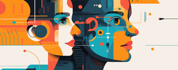 Poster - Futuristic dual profile abstract artwork featuring geometric shapes and bold colors - vector.