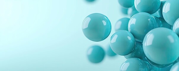 Poster - Blue exosome particles in biotechnology and medical concept. Abstract turquoise spheres floating in a serene background.