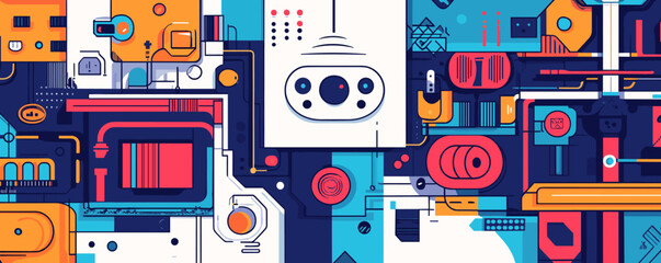 Poster - Abstract geometric technology art with colorful circuit elements and shapes vector.