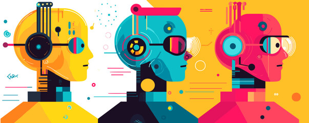 Poster - Futuristic robotic profiles in vibrant colors and geometric patterns vector.