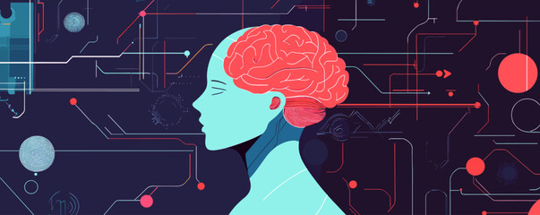 Poster - Futuristic human brain and circuitry in profile view on dark background vector.