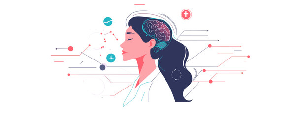 Poster - Abstract female profile with brain activity and neural connections, vector.