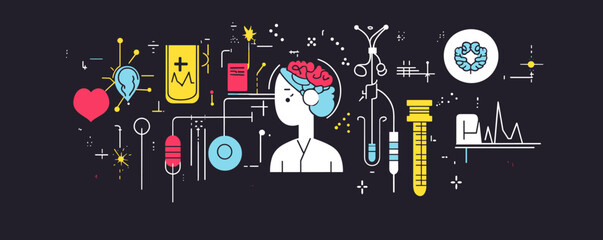 Poster - Innovative medical technology and science concept with human brain and lab icons - vector.