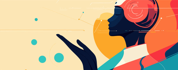 Poster - Futuristic woman in abstract headset with technology elements and geometric shapes - vector.