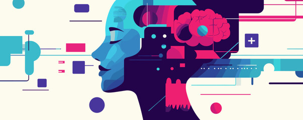 Poster - Abstract futuristic human head with circuit elements and brain in profile – vector.