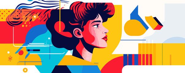 Poster - Abstract portrait of a woman in vibrant colors, modern geometric art design – vector.