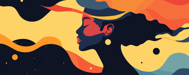 Poster - Vibrant abstract portrait of a woman with flowing hair, surreal colors, night sky background, vector.