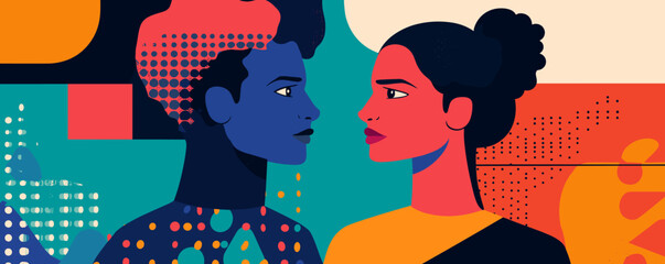 Poster - Colorful abstract portraits of two women facing each other, modern art style - vector.