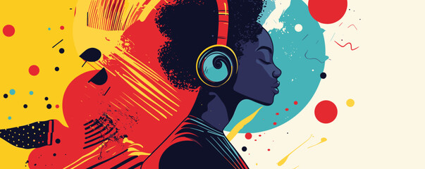 Poster - Colorful abstract portrait of woman with headphones, afro hairstyle, and vibrant background – vector.