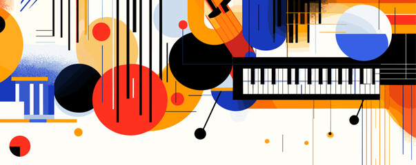 Poster - Abstract geometric music composition with piano and colorful shapes - vector.