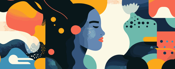 Poster - Abstract portrait of a blue faced woman with colorful geometric elements - vector art.