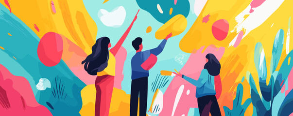 Poster - Colorful abstract art with three people interacting with vibrant shapes - vector.