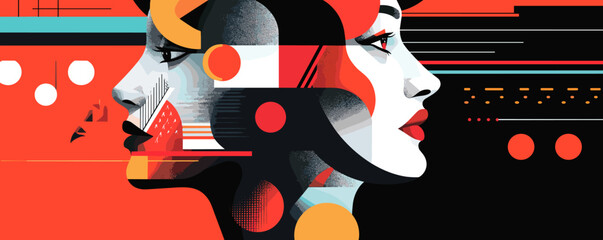 Poster - Abstract dual-faced portrait with bold colors and geometric patterns - vector.