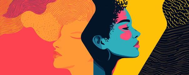 Poster - Vibrant abstract female portrait with bold colors and textures - vector.