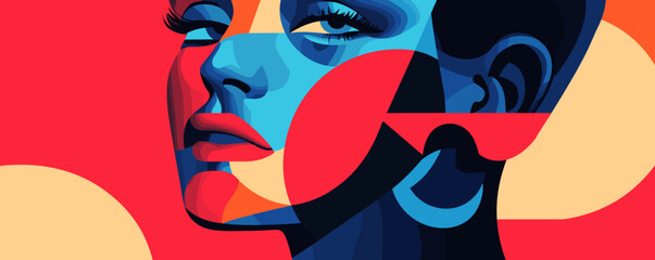 Poster - Colorful abstract portrait of woman with geometric shapes and bold colors - vector.