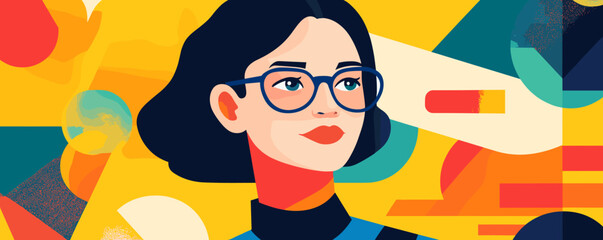 Poster - Colorful abstract portrait of a woman with glasses on a geometric background – vector.