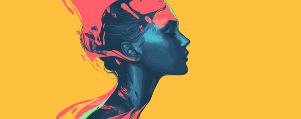 Poster - Abstract colorful portrait of woman with splash effect on yellow background - vector.