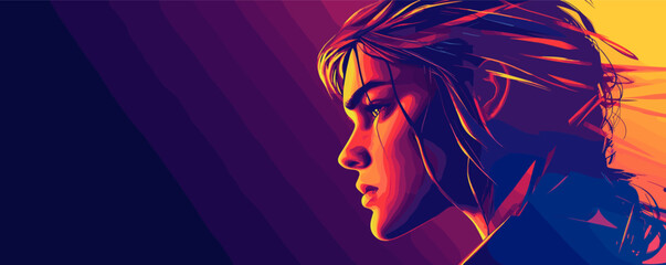 Poster - Colorful profile of a woman in dramatic lighting, abstract art design – vector.