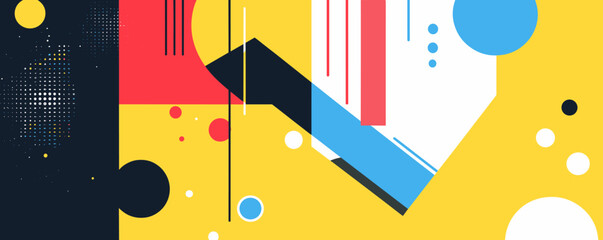 Poster - Abstract geometric art with colorful shapes, circles, and lines on yellow background, vector.