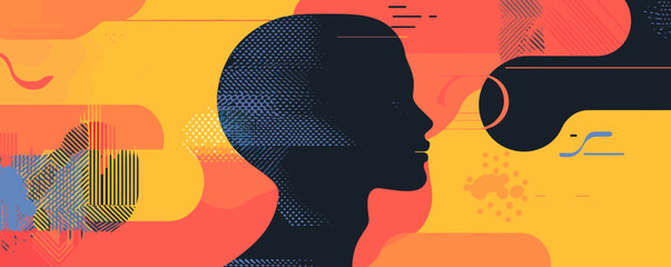 Poster - Abstract silhouette of person facing geometric shapes in vibrant colors - vector.