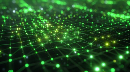 Poster - Glowing green dots connected by lines on a dark background form an abstract neural network.
