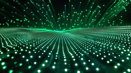 Poster - This is an abstract image of a green glowing landscape. The surface is made up of many small dots of light, which are arranged in a wave-like pattern.