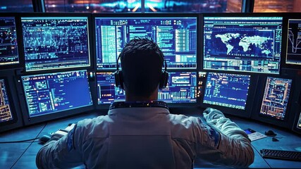 Aufkleber - astronaut working at a desk surrounded by multiple computer screens in a high-tech control room, ast