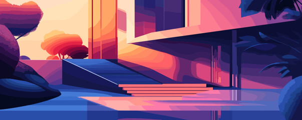 Poster - Modern abstract landscape with vibrant colors and architecture at sunset, digital art vector.