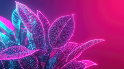 Poster - Cyberpunk biotech with digital plants innovation concept. Vibrant neon leaves glowing against a colorful background.