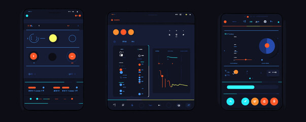 Poster - Dark mode data analytics dashboard interface with interactive widgets - vector.