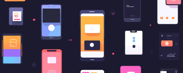 Poster - Colorful mobile app ui mockups on dark background - vector.