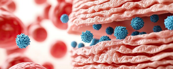 Poster - Blue exosome particles in medical and skincare concept. Microscopic view of cells with viruses and blood elements.