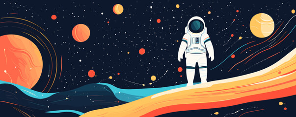 Wall Mural - astronaut exploring colorful outer space with planets and stars - vector.