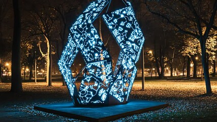 Poster - Illuminated Geometric Sculpture: A Captivating Nighttime Art Installation in Urban Park