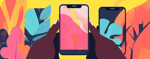 Poster - Vibrant abstract smartphone illustration with colorful leaves and hands - vector.