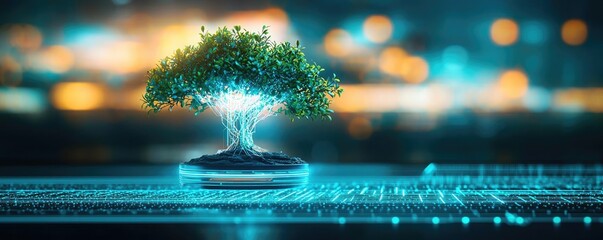 Poster - Cyberpunk biotech with sci-fi high-tech plants concept. A glowing tree symbolizing nature's beauty in a digital world.
