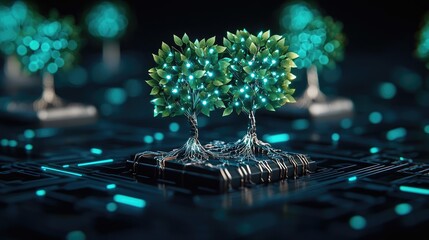 Aufkleber - Cyberpunk biotech with digital plants innovation concept. A futuristic representation of trees growing on a microchip.